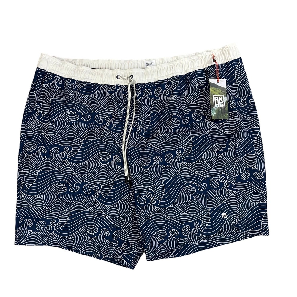 AKHG Swim Shorts Men 3XL Blue Wave Print Lost Lake 10" Inseam Lined UPF 50+
